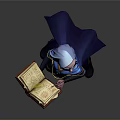 Woman in blue purple robe holding glowing book with light blue hair against gray background