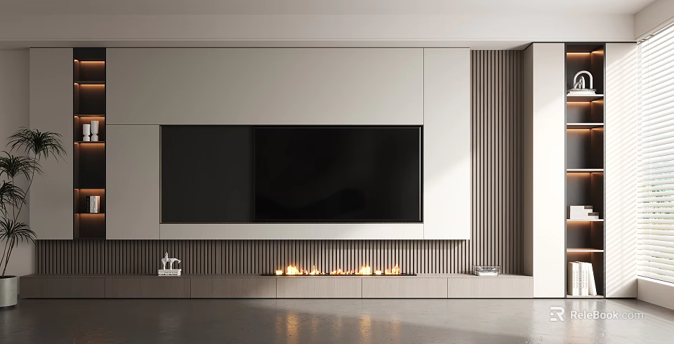 Modern Minimalist White TV Wall Design With Built-in TV Wooden Slats And Fireplace 3d model 