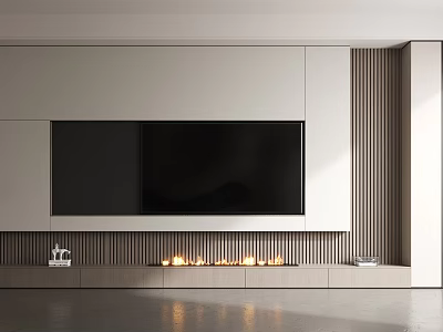 Modern Minimalist White TV Wall Design With Built-in TV Wooden Slats And Fireplace 3d model