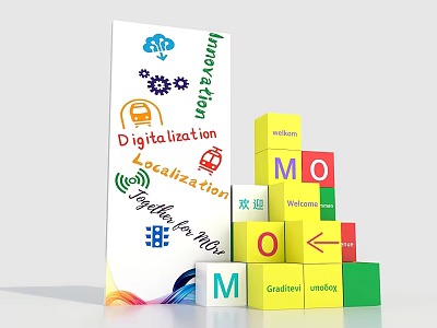Innovative Digital Localization Display With Colorful Building Blocks Letter Elements And Welcome Notes 3d model