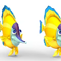Colorful Yellow And Blue Cartoon Fish With Long Noses Big Eyes And Striped Fins