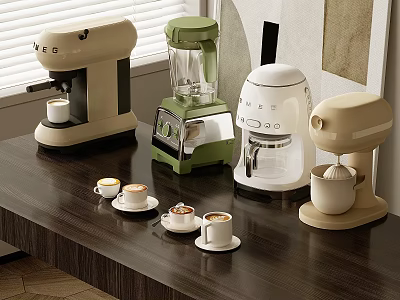Various Colored Kitchen Appliances Coffee Maker Blender On Modern Kitchen Countertop 3d model
