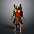 Game Movie Character In Ornate Fantasy Red Gold Armor With Horned Helmet