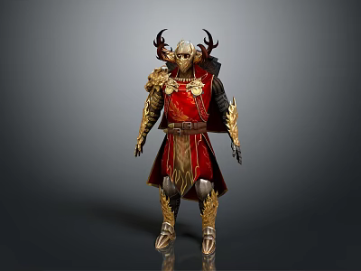 Game Movie Character In Ornate Fantasy Red Gold Armor With Horned Helmet 3d model