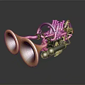 Shiny Golden Tires With Mechanical Engine And Metal Parts Design Structure