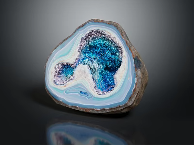 Natural Agate Slice With Blue Purple Druzy Crystals White Brown Edges Black Background Reflection 3d model