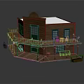 Cartoon Western Wooden House with Balcony Green Railings White Roof Porch Bench and Barrel