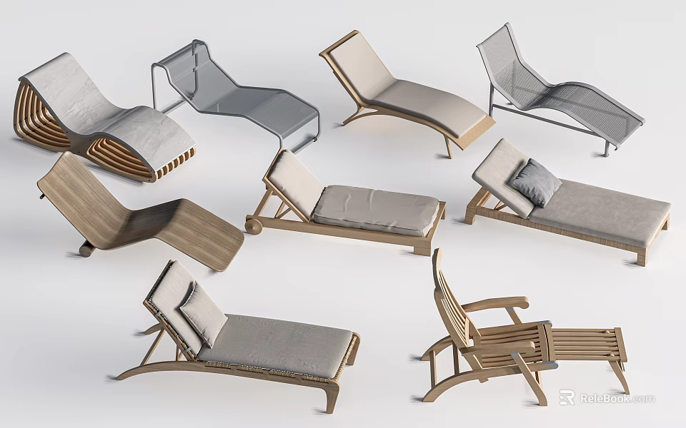 Lounge Chairs Various Designs With Wooden Frames Metal Structures Comfortable Cushions For Outdoor Patio Areas 3d model 