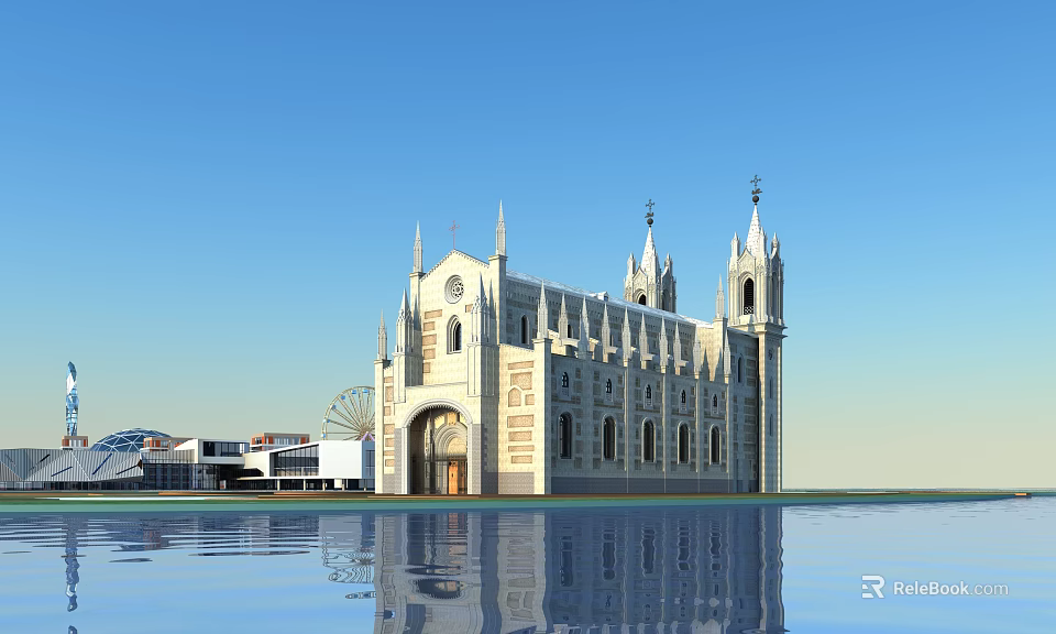 Christian Religious Church Exterior With Gothic Spires Towers And Water Reflection Under Blue Sky 3d model 