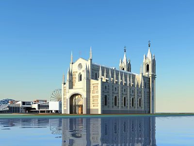 Christian Religious Church Exterior With Gothic Spires Towers And Water Reflection Under Blue Sky 3d model