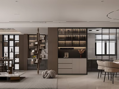 Elegant Modern Living Room Interior With Bookshelf Display Cabinet Sofa And Decorative Rug 3d model