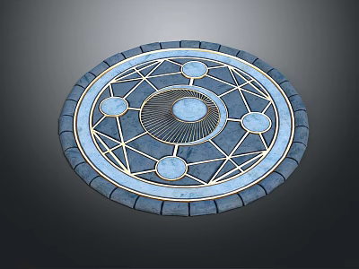 Ornate Circular Decorative Floor Slab Featuring Blue Stone Edges And Golden Radial Geometric Designs 3d model