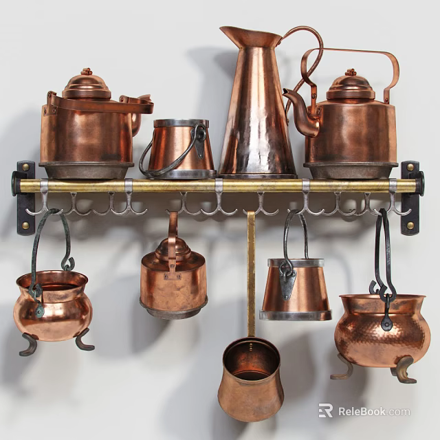 Copper Kitchen Appliances Hanging On Wall Mounted Rack With Utensils 3d model