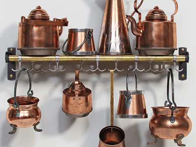 Copper Kitchen Appliances Hanging On Wall Mounted Rack With Utensils 3d model