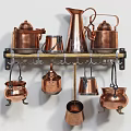 Copper Kitchen Appliances Hanging On Wall Mounted Rack With Utensils 3d model
