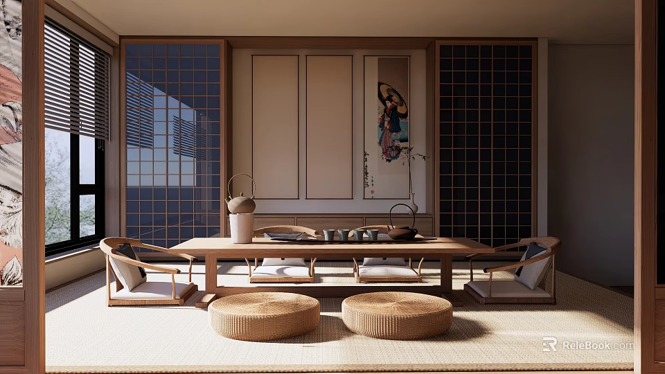 Japanese Zen Living Room with Wooden Table Rattan Cushions Sliding Doors and Decorative Wall Painting 3d model 