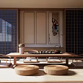 Japanese Zen Living Room with Wooden Table Rattan Cushions Sliding Doors and Decorative Wall Painting