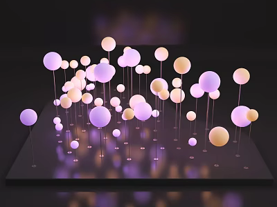 Art Installation Featuring Colorful Spheres on Thin Poles with Black Base and Light Effects 3d model