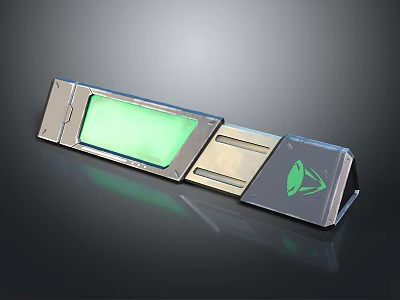 Sleek Metallic Electronic Device With Green Digital Panel And Leaf Logo Design 3d model