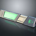 Sleek Metallic Electronic Device With Green Digital Panel And Leaf Logo Design