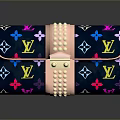 Dark Blue Wallet With Colorful LV Monogram Stars Flowers Pink Studded Strap And Gold Buckle
