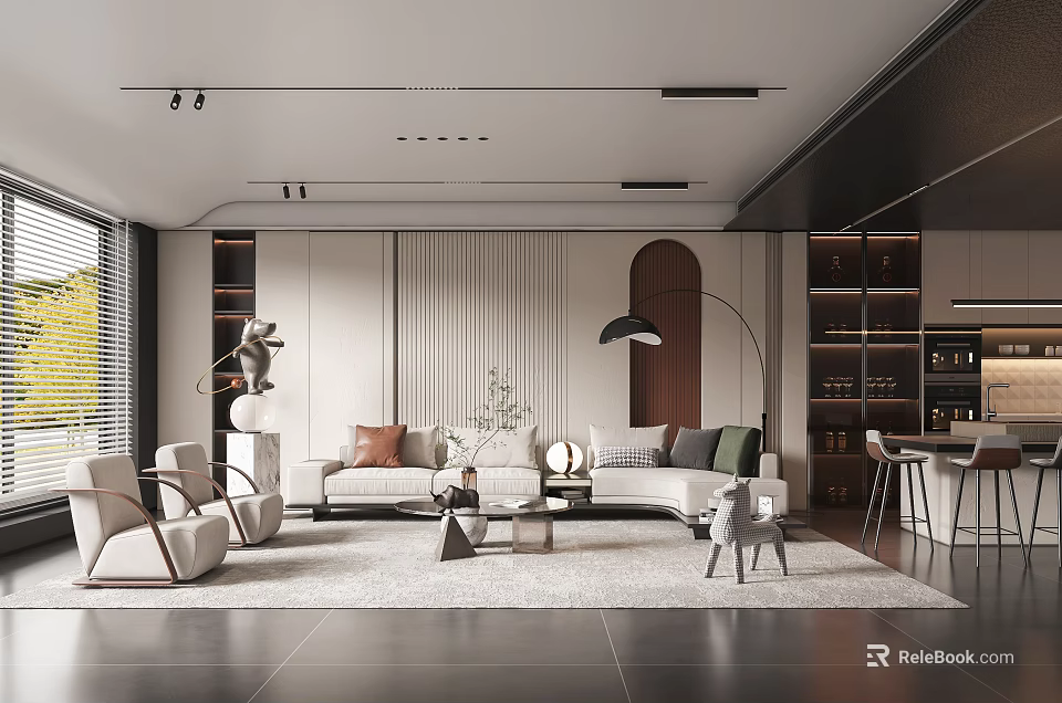 Modern Luxury Living Room Interior With Sofa Rug Floor Lamp And Decorative Plants 3d model 