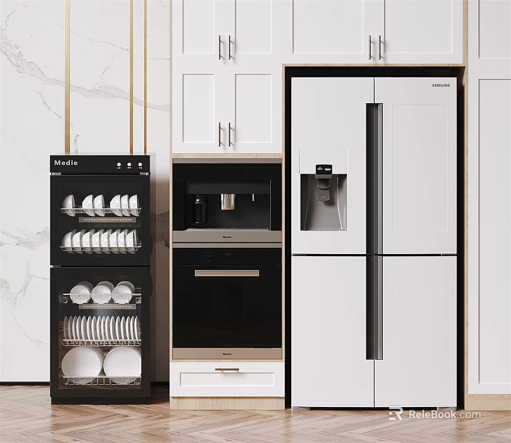 Modern Kitchen Interior With White Cabinets Refrigerator Coffee Machine Oven And Dish Sterilizer 3d model 