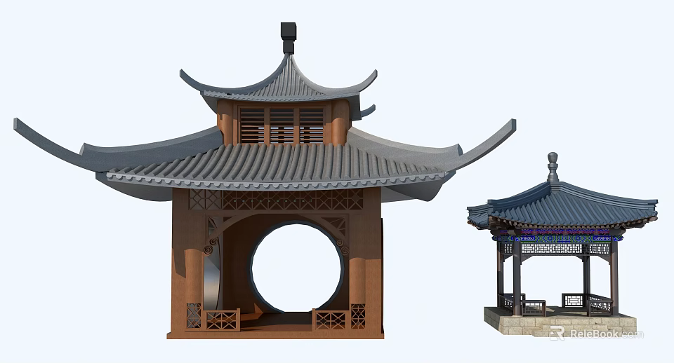 Traditional Chinese Pavilions With Curved Roofs Wooden Structure Round Doorways And Carved Railings 3d model 