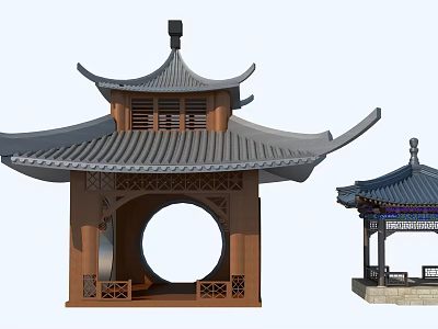 Traditional Chinese Pavilions With Curved Roofs Wooden Structure Round Doorways And Carved Railings 3d model