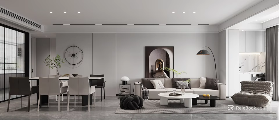 Minimalist Modern Dining Living Room With Sofa Dining Table Coffee Table Wall Art Ceiling Lights 3d model