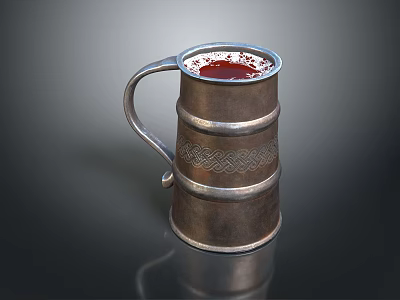 Vintage Metal Cup With Handle And Engraved Patterns For Daily Use With Red Liquid Inside 3d model