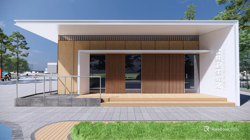 Modern Station Exterior Design With Wooden Panels Glass Doors White Roof And Green Lawn 3d model 
