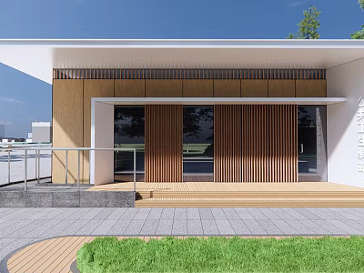 Modern Station Exterior Design With Wooden Panels Glass Doors White Roof And Green Lawn 3d model