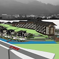 Hotel Building Complex Layout With River And Green Surrounding Areas