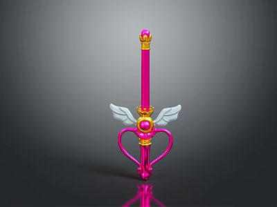 Pink Gold Decorated Sword with Heart Shaped Wings Gemstone and Crown Hilt 3d model