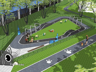 Community Park With Children's Playground Track Green Lawn Trees And Pets 3d model