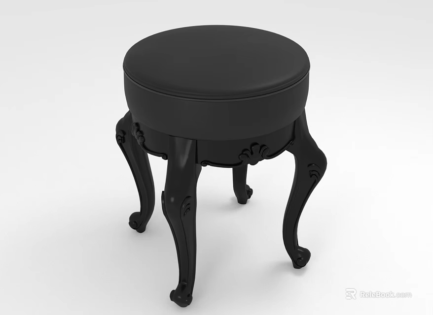 Black Round Padded Seat Sofa Stool With Carved Decorative Legs Design 3d model 