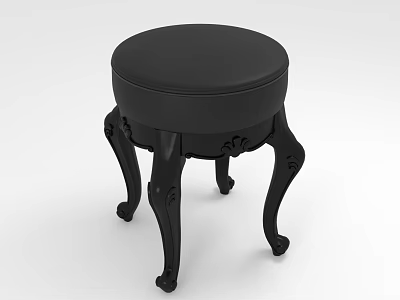 Black Round Padded Seat Sofa Stool With Carved Decorative Legs Design 3d model