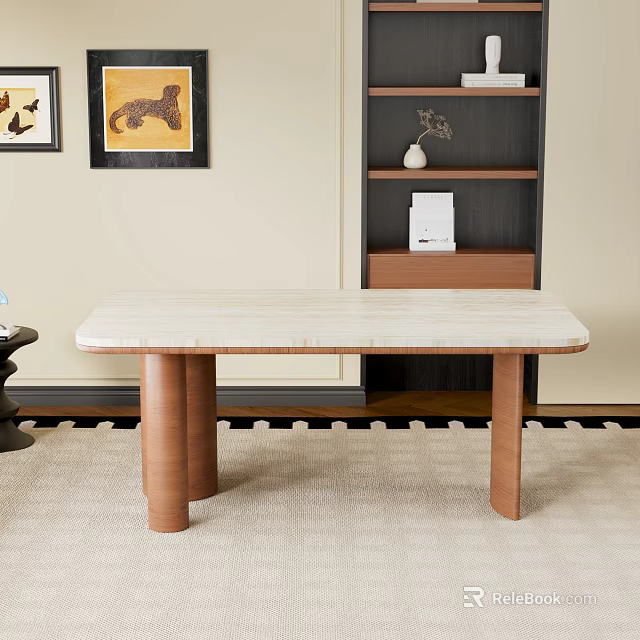 Modern Living Dining Area With Marble Top Table Wooden Legs And Decorative Paintings 3d model 