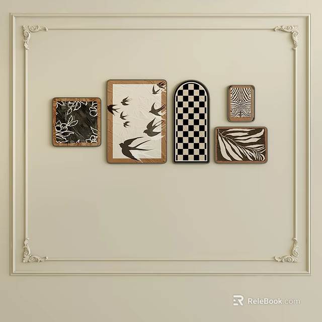 Abstract Paintings Wall Art With Black White Bird Motifs And Geometric Patterns 3d model 