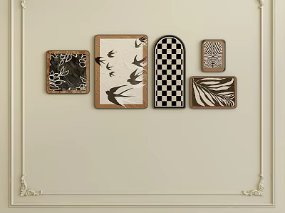 Abstract Paintings Wall Art With Black White Bird Motifs And Geometric Patterns 3d model
