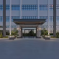 Modern Building Entrance Gate With Glass Doors Portico Front Paved Courtyard And Landscaping Plants