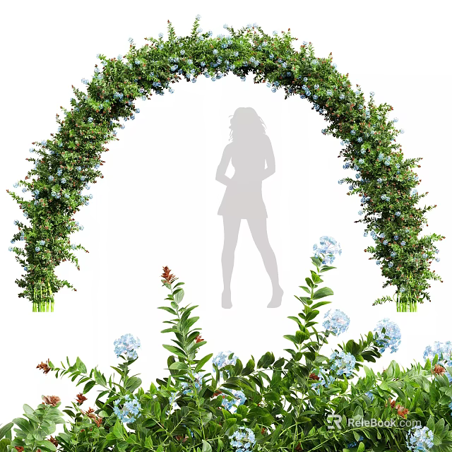 Green Plant Wall Arch Design Featuring Silhouette Figure And Blue Flowers 3d model 