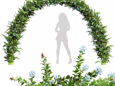 Green Plant Wall Arch Design Featuring Silhouette Figure And Blue Flowers 3d model