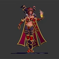 Mythical Horned Female Character In Red And Purple Armor Holding Flame Standing On Blue Platform