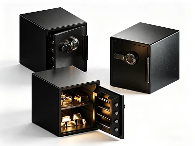 Black Metal Safes With Open Door Containing Gold Bars And Closed Ones 3d model
