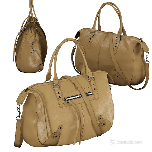 Stylish Beige Leather Handbags with Top Handles and Metal Hardware Details 3d model 