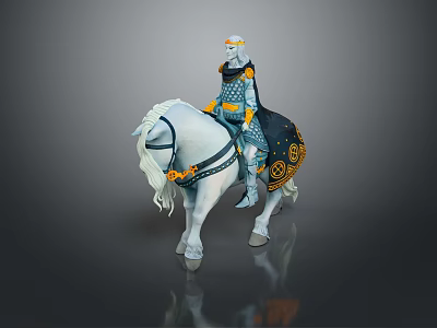 Helmeted Armored Figure Riding White Horse With Decorative Armor Ornate Saddle And Blue Gold Accents 3d model