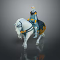 Helmeted Armored Figure Riding White Horse With Decorative Armor Ornate Saddle And Blue Gold Accents