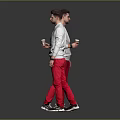 Two Men in White Jackets Red Pants One Holding Cup Against Gray Background